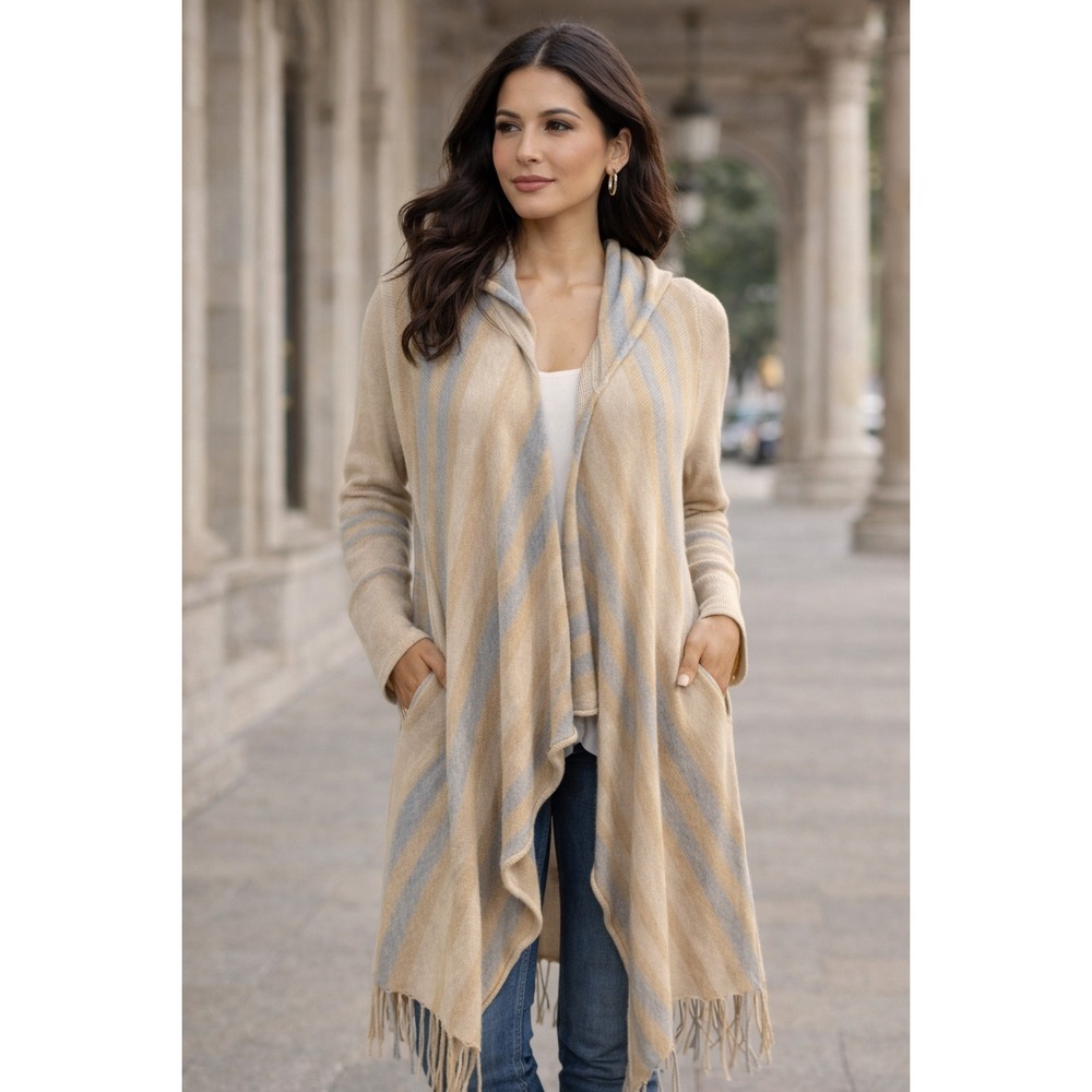 Caroline Grace Cotton Cashmere Longline Cardigan M Tan Fringe Boho Free-Spirited